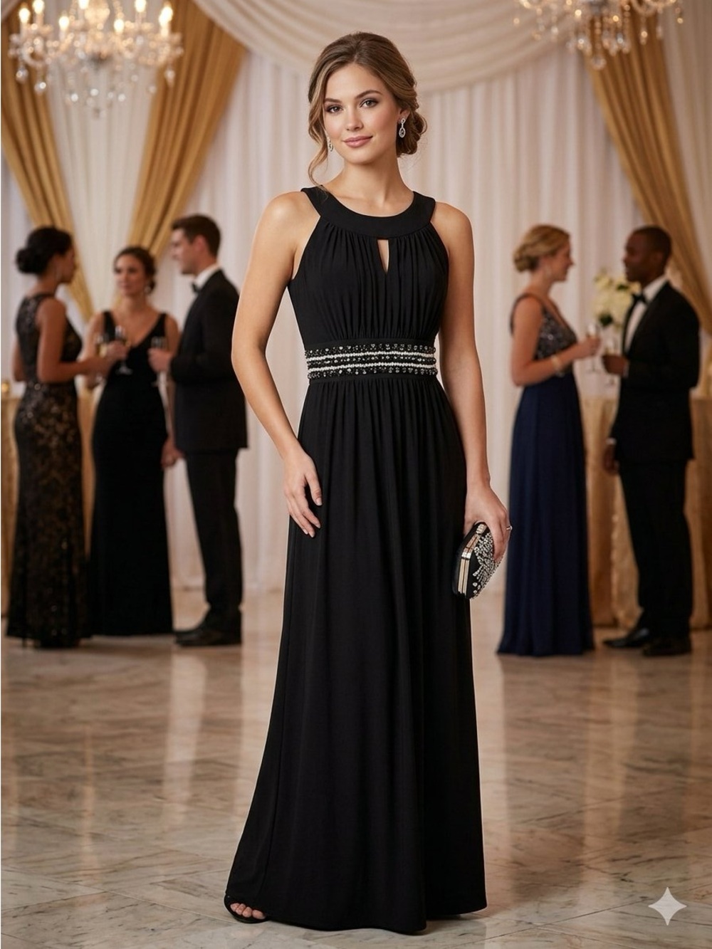 Nic & Dom Black Elegant Beaded-Waist Maxi Sleeveless Evening Dress Size S